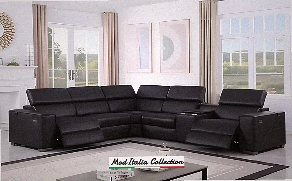 GENUINE 136" Italian Leather 2-Power Recliner Contemporary Sectional Black