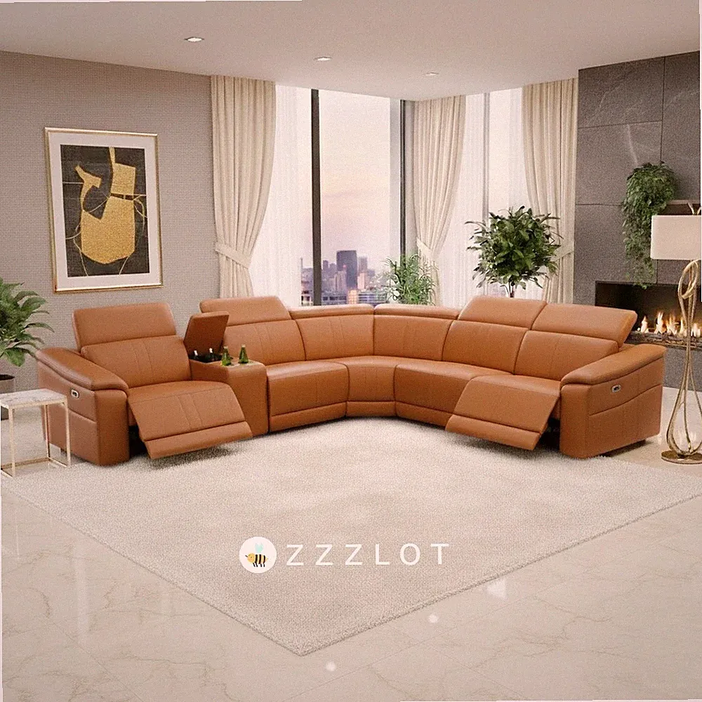 NEW 119" Wide Power Recliner Sectional Saddle Tan Contemporary Living Room Set