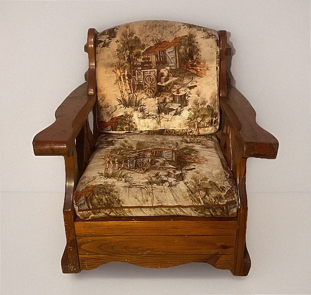 Vintage Knotty Pine Rocking Lounge Chair w Orig Cushions Rustic Lodge Cabin RARE